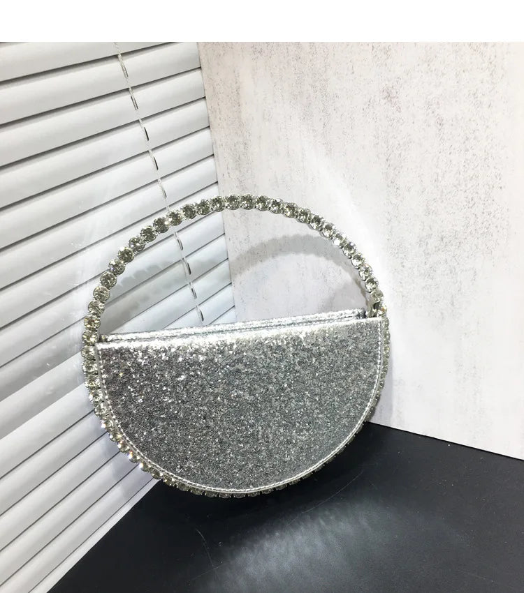 Lady Blue/Pink Diamond Circular Evening Bag Women Fushia Round Handle Rhinestone Dinner Clutch Purse Ladies Half Moon Handbags