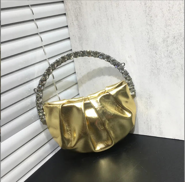 Lady Blue/Pink Diamond Circular Evening Bag Women Fushia Round Handle Rhinestone Dinner Clutch Purse Ladies Half Moon Handbags