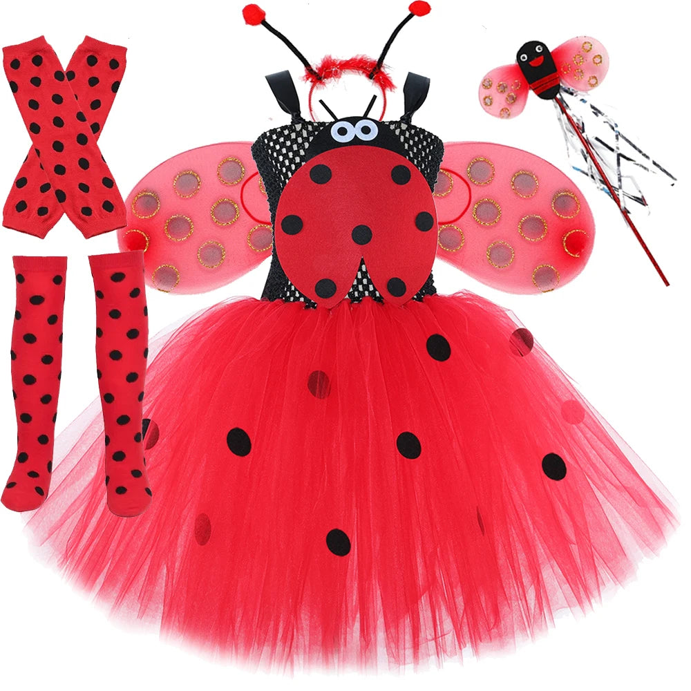 Black Red Lady Beetle Costumes for Baby Girls Ladybird Tutu Dress with Wings Kids Halloween Outfit Children Birthday Clothes