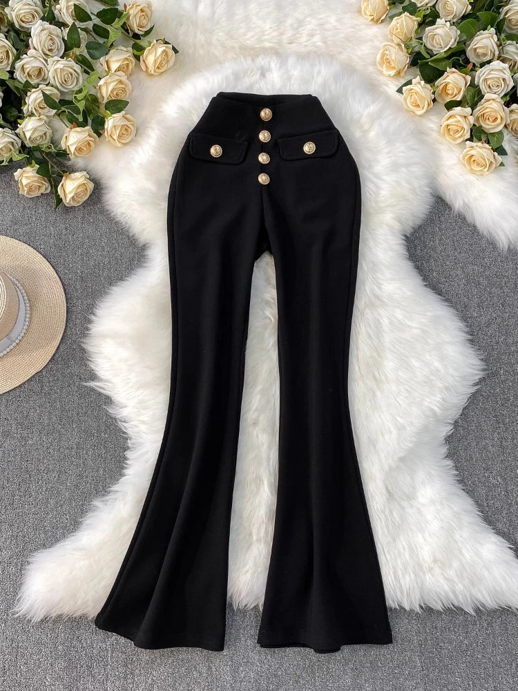 White Micro Flared Pants Spring Summer High Waist Metal Button Slim Fit Floor Length Trousers Elegant Commuting Suit Pants Women