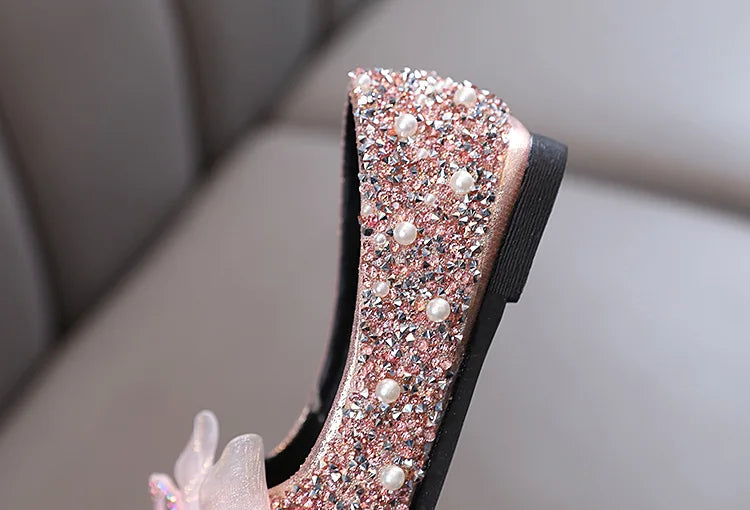 Girls Princess Shoes Glitter Luxury Party Shallow Children Ballet Flats 21-36 Elastic Band Fashion Lace Bowknot Kids Dance Shoes