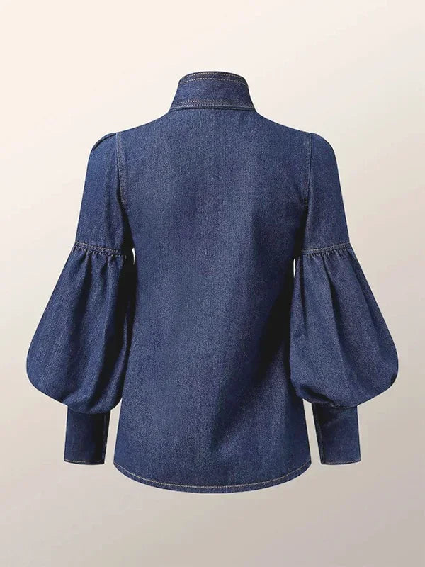 Beautyblue Elegant Women's Imitation Denim Blouse Tops Spring 2025 New Fashion Puff Sleeves Bow-Embellished Female Shirts S-3XL
