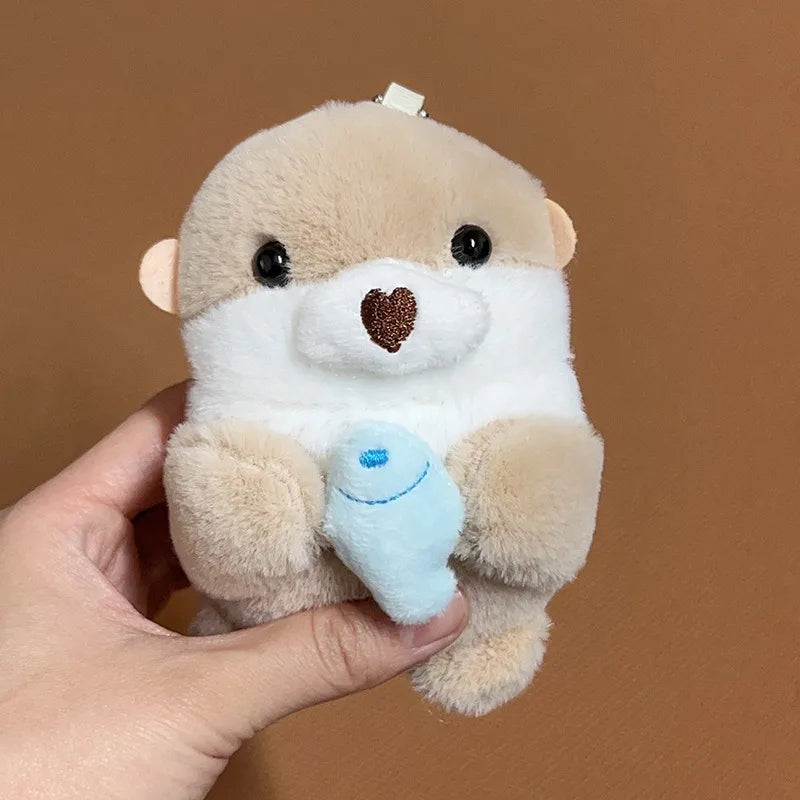 Cute Otters Holding Fish Plush Doll Keyrings Lightweight Hanging Pendant Props For School Bag Key Wallet Doll Toy Gifts 11cm