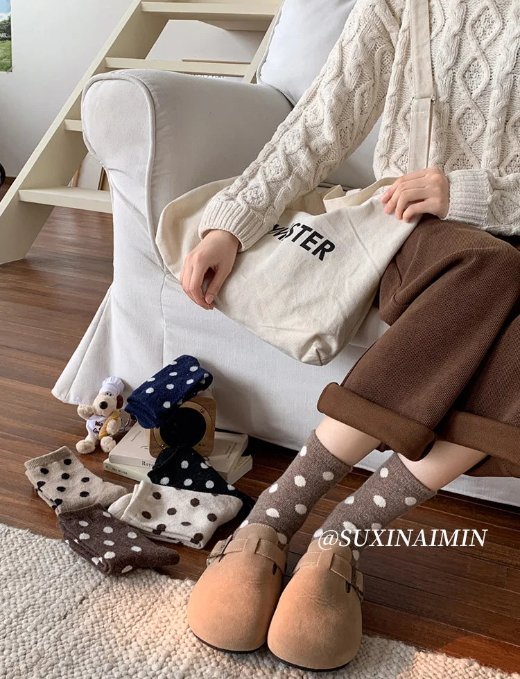 Socks for Women Autumn Winter Thick Warm with Polka Dot Black Maillard Velvet Coffee Mid-tube Socks
