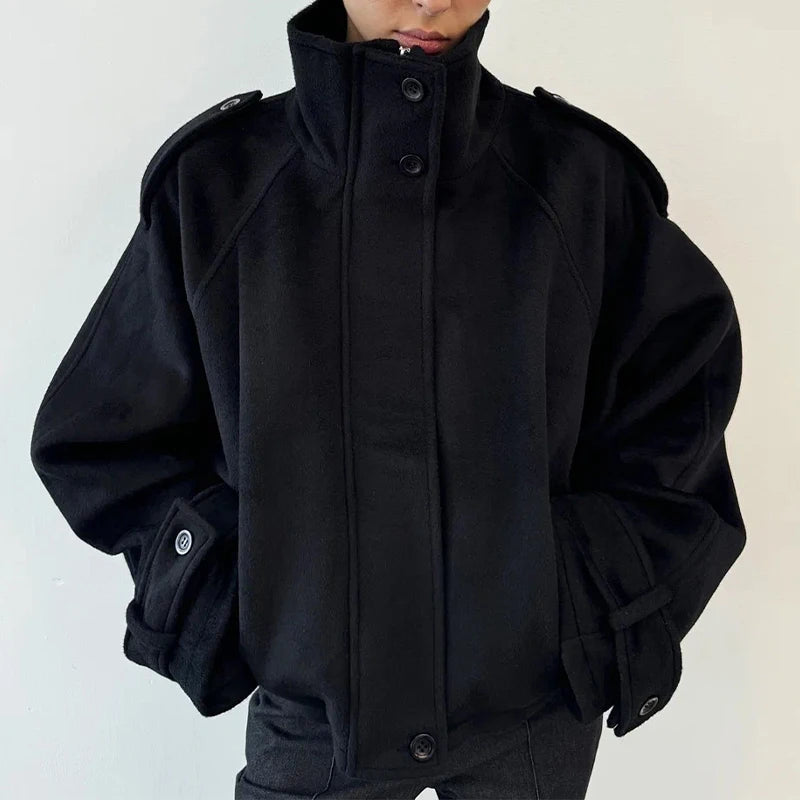 Elegant Women's Short Woolen Coats Stand Collar Double Breasted Long Sleeve Female Jacket 2025 Autumn Winter Lady Warm Outwear