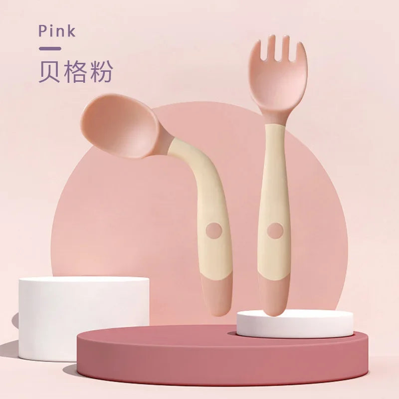 Baby Children Spoon Fork Set Soft Bendable Silicone Scoop Fork Kit Tableware Toddler Training Feeding Cutlery Utensils Tableware
