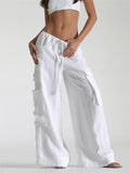 Women's Loose Cargo Pants Solid Color Drawstring Wide Leg Trousers with Pockets Casual Sweatpants Streetwear