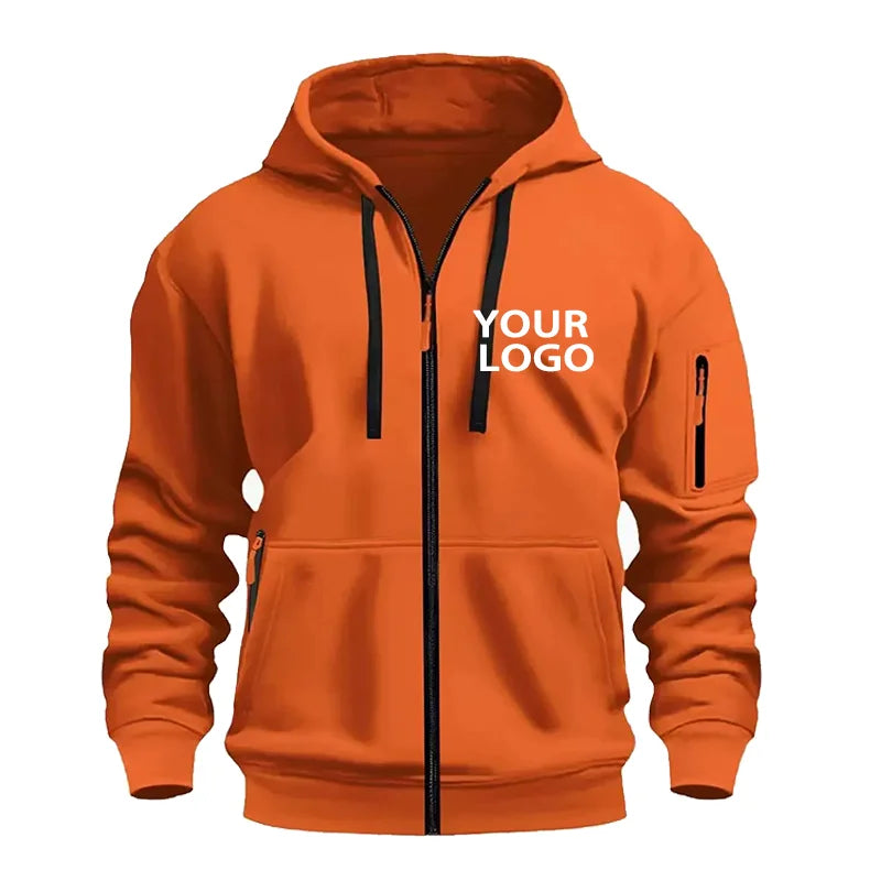 DIY Custom Logo Men's Casual Sports Hoodie Full-Zip Pocket Sweatshirt Fashion Arm Pocket Outdoor Long-Sleeve Pullover Hoodie