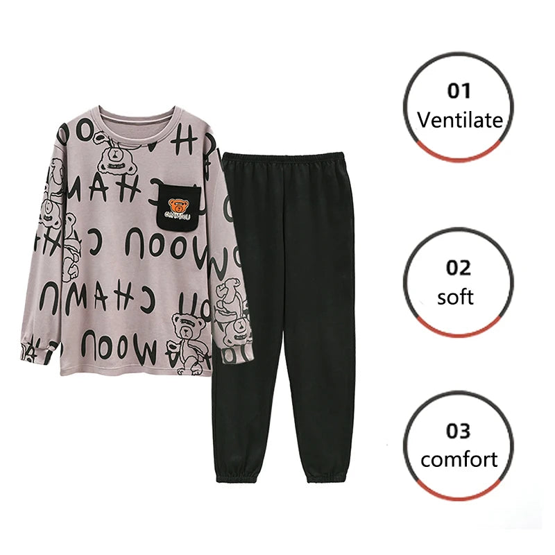 Plus Size Men Pajamas Autumn Winter Long-Sleeved Loose Leisure Cartoon Bear Striped 2PCS/Set Black O-Neck Soft Casual Loungewear
