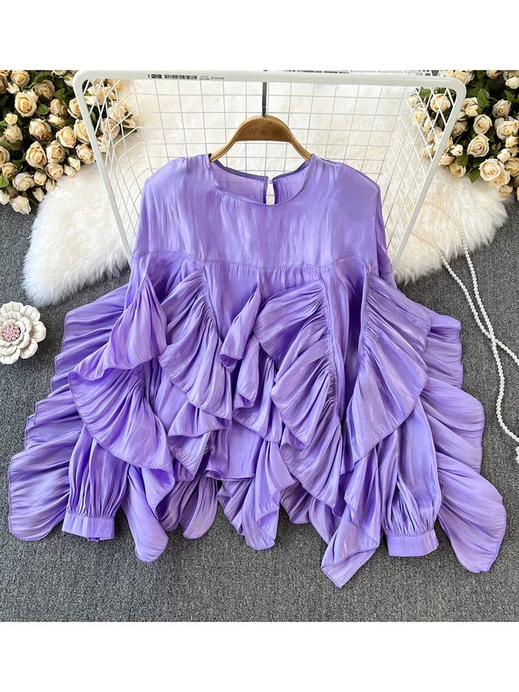 Women Spring Autumn Blouse New European American Vintage Round Neck Ruffle Loose Long Sleeved Foreign Style Irregular Top D2338