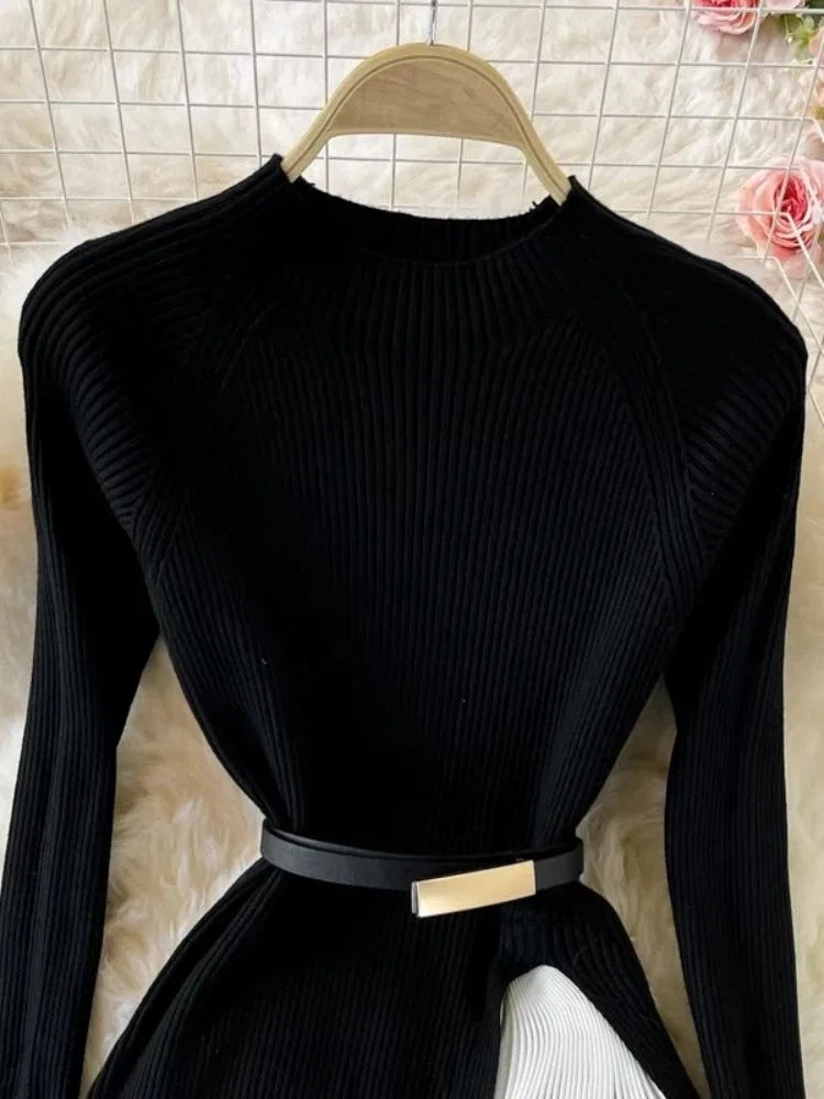 Autumn Winter Women Gradient Color Patchwork Pleated Sweater Dress Elegant Long Sleeve Midi Knitted Party Vestidos With Belt