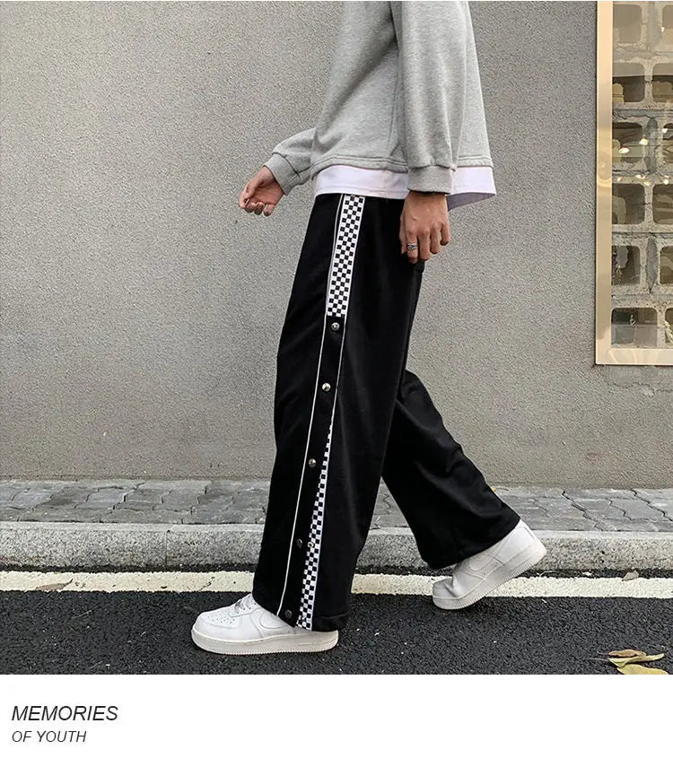 Split Reflective Stripe Casual Pants Unisex Trendy Patchwork Button Pants Spring Summer Straight Loose Sports Pants