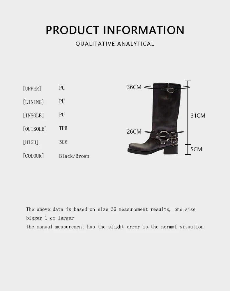 Arden Furtado 2025Autumn Brown Platform Motorcycle boots Round toe Belt buckle Slip-on Middle heel Knee high boots Western boots