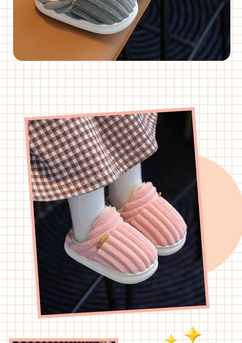 Winter children's cotton slippers for boys and girls, anti slip and warm bags, and parent-child fuzzy and plush home baby cotton