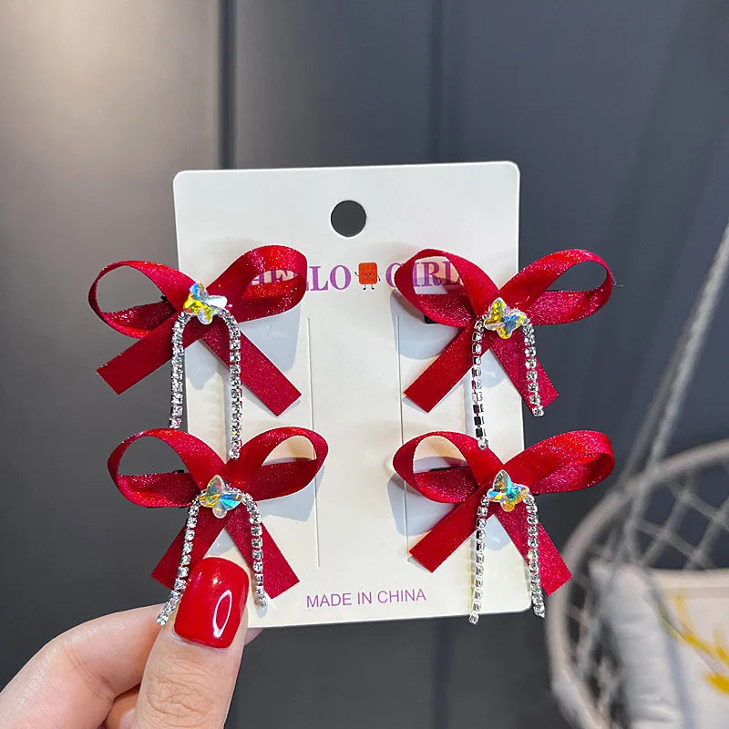 4PCS/Set Shiny Rhinestone Chains Bow Hair Clips New Sweet Girl Tassel Sided Clips Korean Barrettes Kids Headwear Hair Accessory