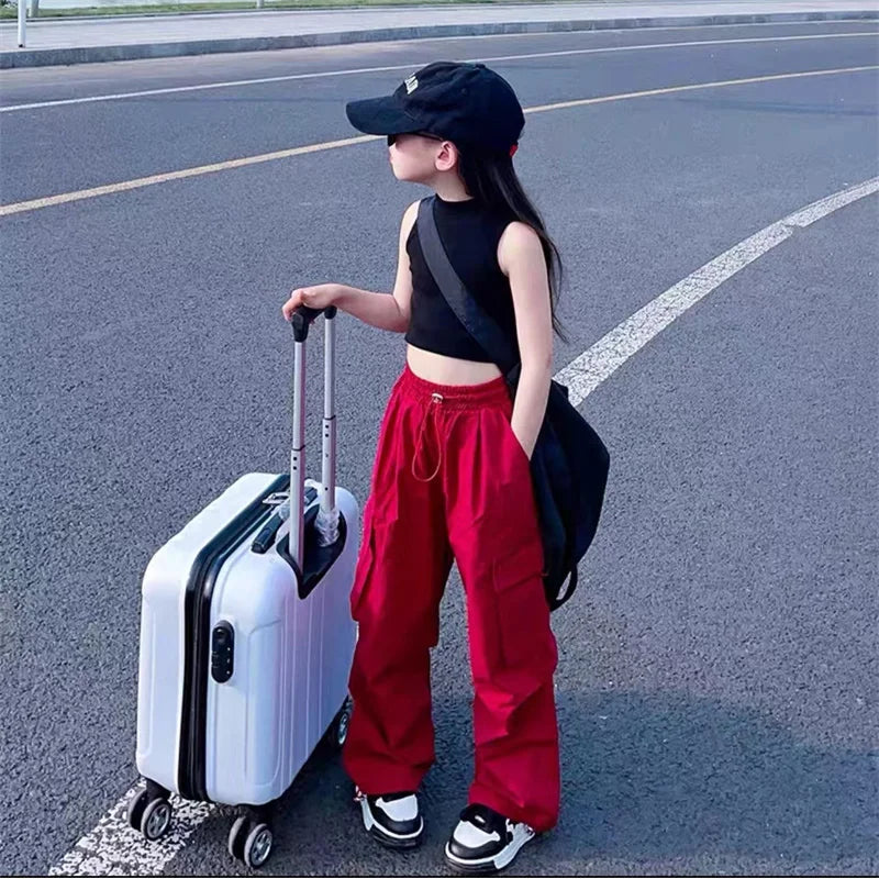 Girls Sports Cargo Pants Kids Fashion Straight Baggy Trousers Children Streetwear Sweatpants Teenager Vintage Casual Pants