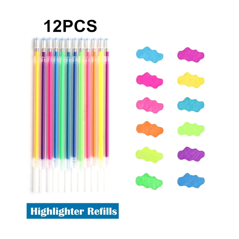 12/24Pcs Metallic Glitter Colors Gel Pens & Pen Refills For School Office Adult Coloring Book Journals Drawing Art Markers