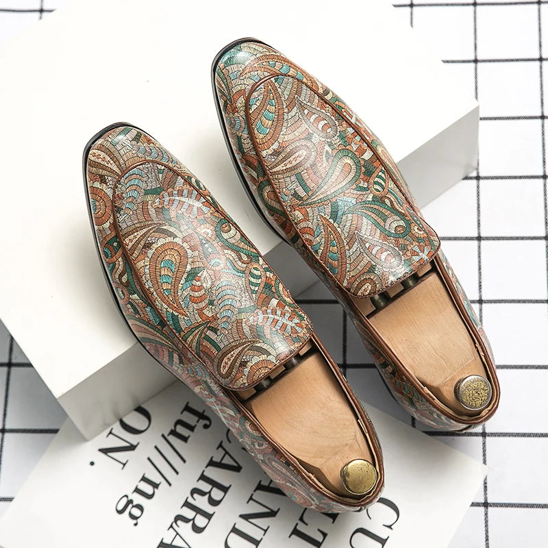 New British Style Fashion Trends Printed Leather Loafers Men Breathable Casual Shoes Men Slip-on Dating Driving Party Men Shoes