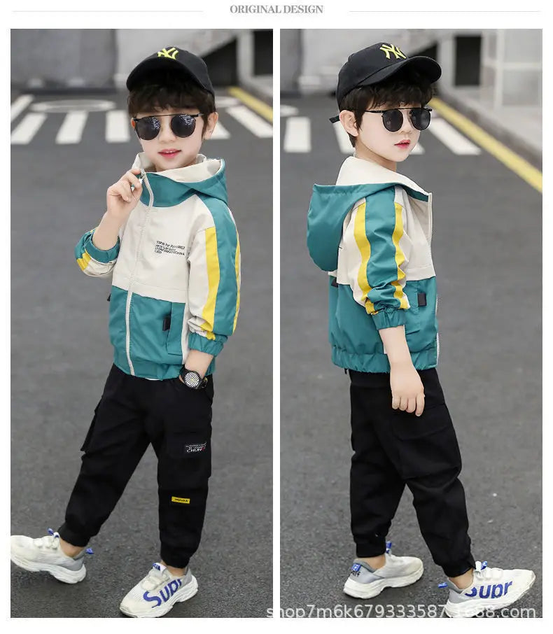 2025 New Splicing Boys Coat Spring Autumn Letter Printing Handsome Hooded Windbreak For 4-12 Years Kids Sports Leisure Outerwear