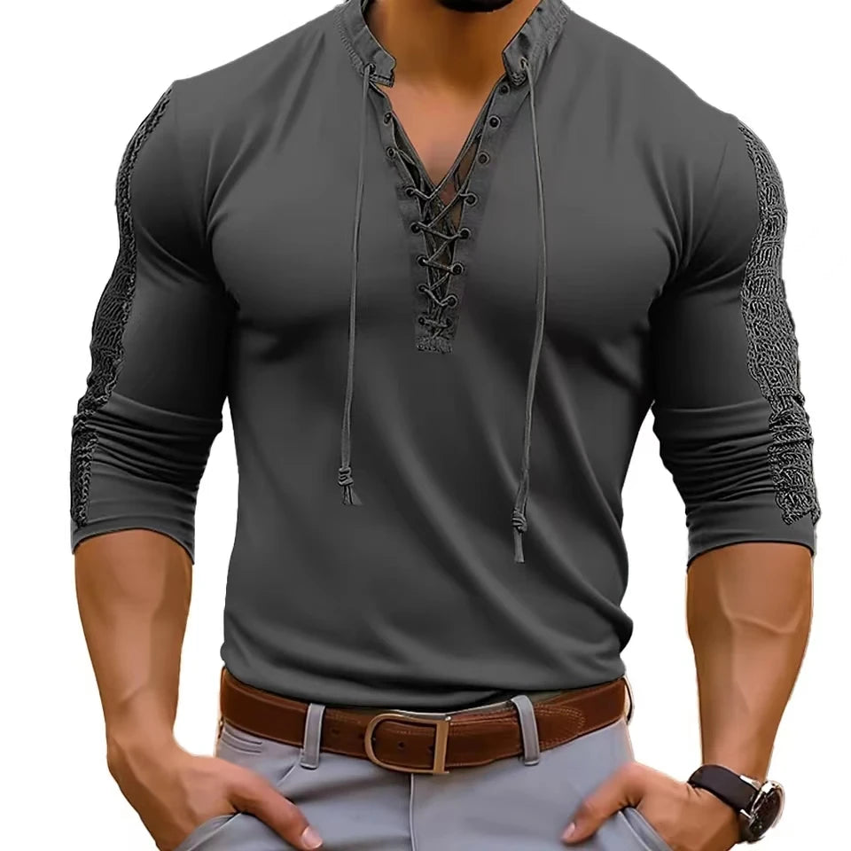 2025 Spring Autumn Men T-Shirts Mesh Patchwork Long Sleeve Top Tees Solid Lace Up V-Neck Casual Bottom Blouse Men Tees Tops