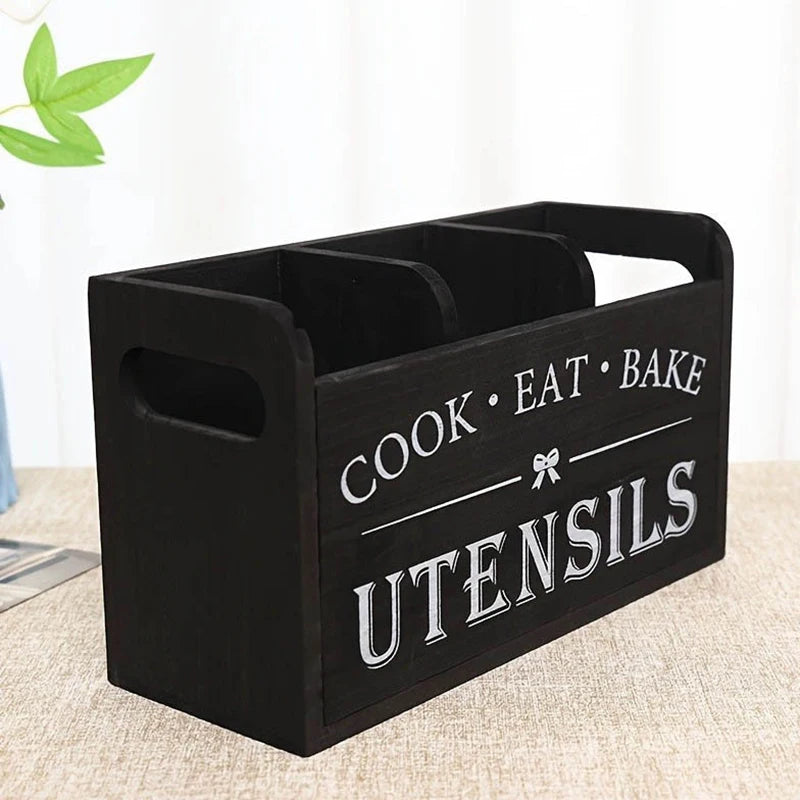 1pc Kitchen With Compartmentalized Cutlery Storage Rack, Rustic Style Wooden Countertop Organizer, Kitchenware Accessories