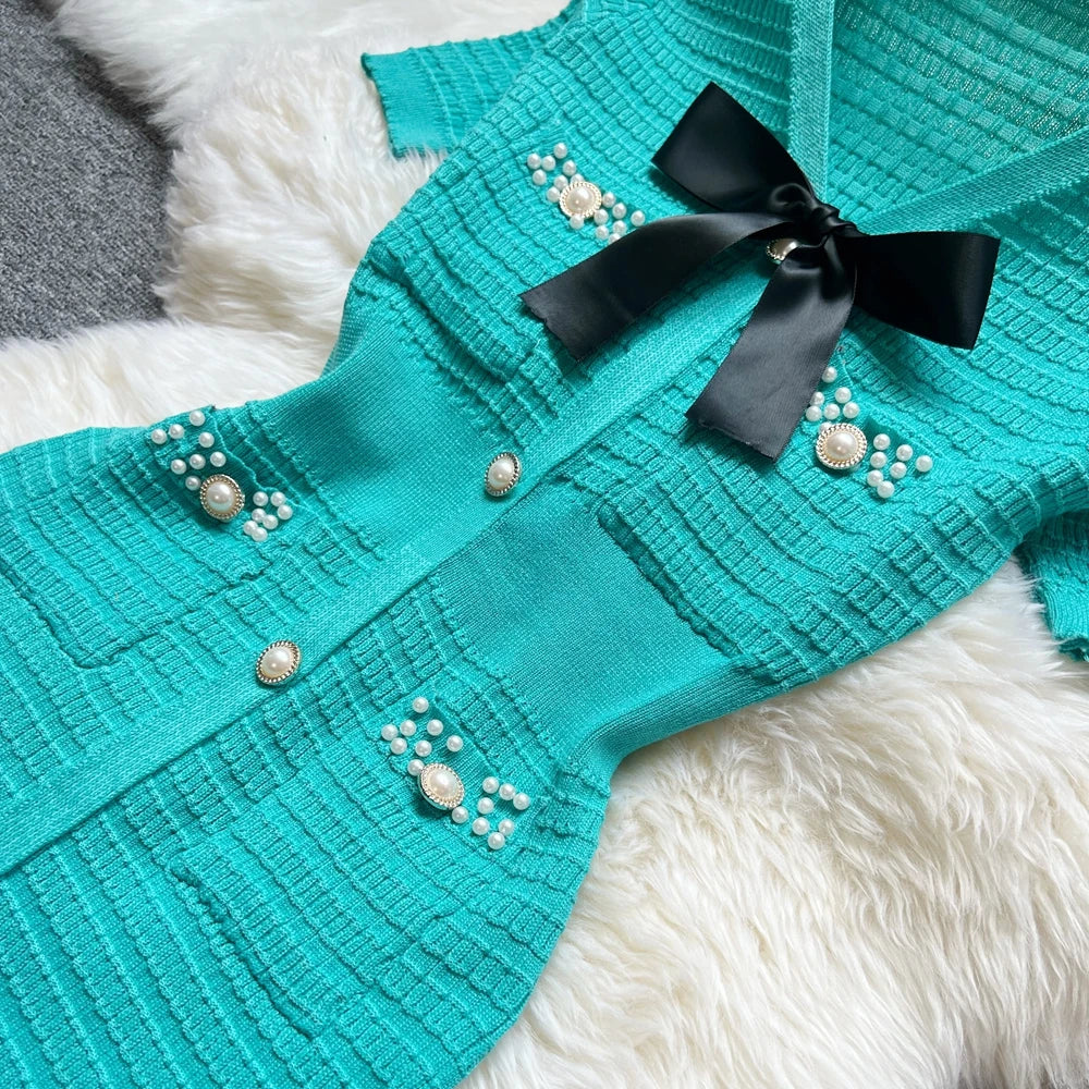 YuooMuoo Chic Fashion Sexy Wrap Hip Knitted Summer Dress Women Bow V-neck Short Sleeve Elegant Office Lady Bodycon Sweater Dress