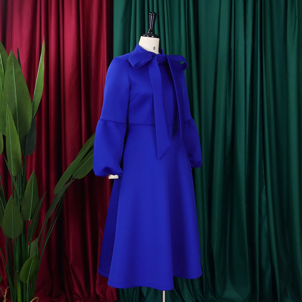 Elegant Dresses for Women Bow Collar Full Sleeve High Waisted A Line Mid Calf Luxury Female Birthday Party Dinner Vestidos Mujer