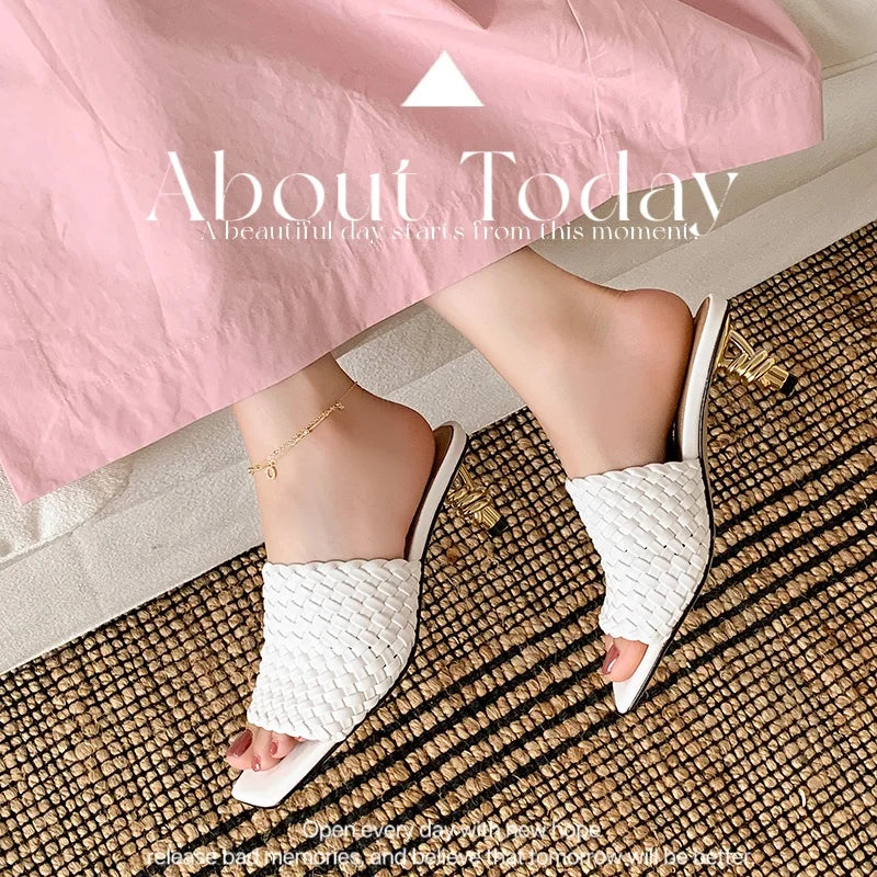 Summer Sandals Women Concise Style Slippers Weave Sandals for Girls Sexy Kitten Heel Elegant Dress Party Wedding  Sandalias