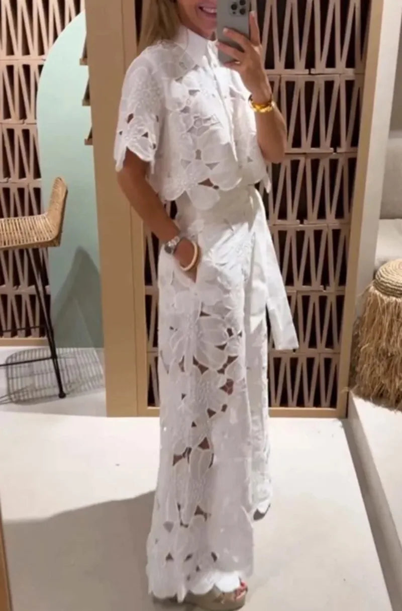 Elegant Women's Sets Sexy Lace Hollow Shirt Short Top + Wide-leg Pants Two Piece Set Women Suits Fashion Solid Color Sets Female