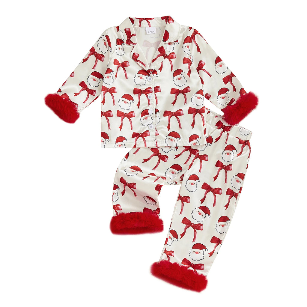 1-7T Baby Boy Girl Christmas Silk Pajamas Set Button Down Deer Santa Long Sleeve Shirts Tops and Pants Satin Pj Sets