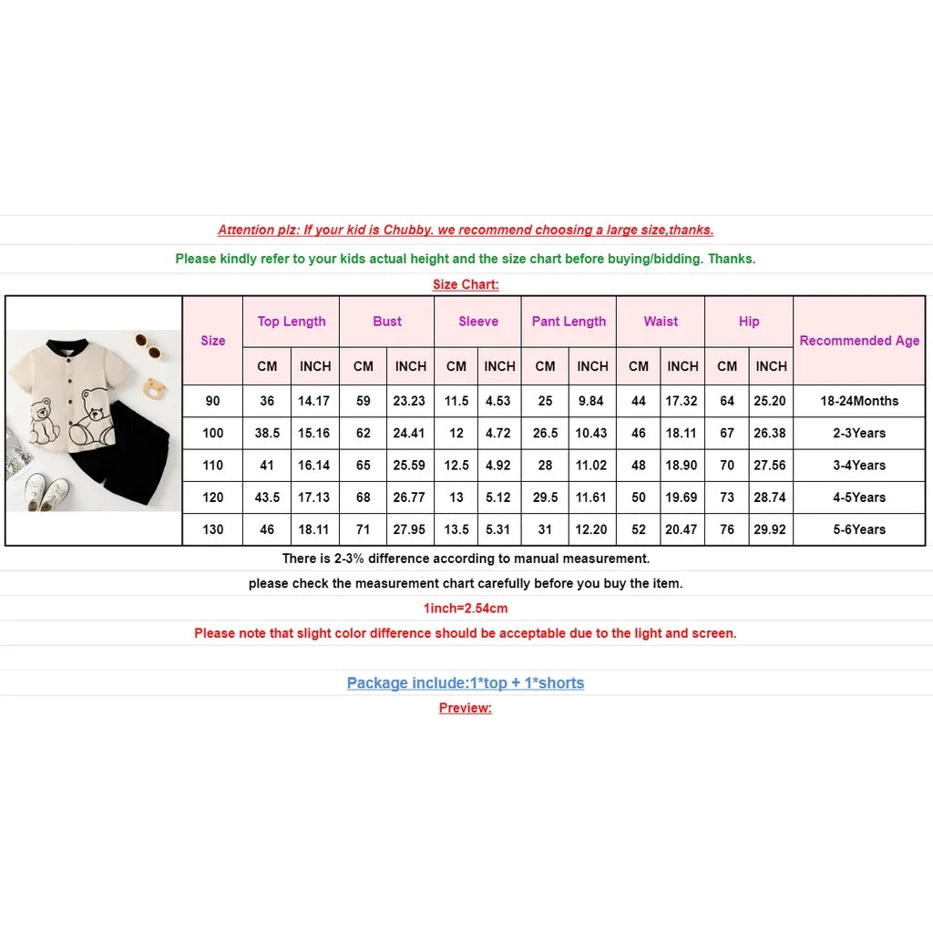 2PCS Child Boy Clothes Set Bear Print Button Style Short Sleeve Top+Shorts Fashiona Birthday Party Outfit For Kid Boy 1-6 Years