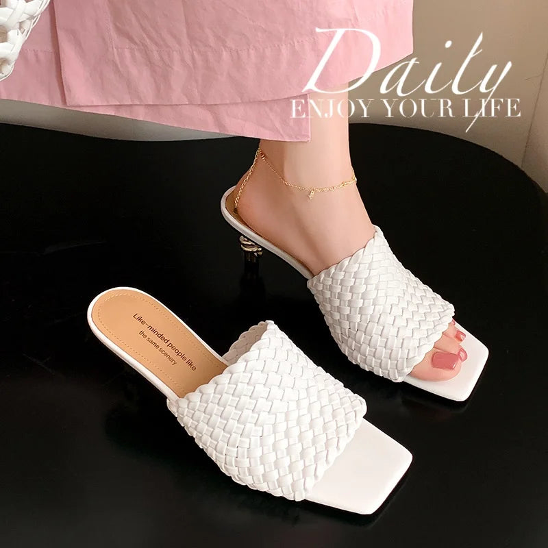 Summer Sandals Women Concise Style Slippers Weave Sandals for Girls Sexy Kitten Heel Elegant Dress Party Wedding  Sandalias
