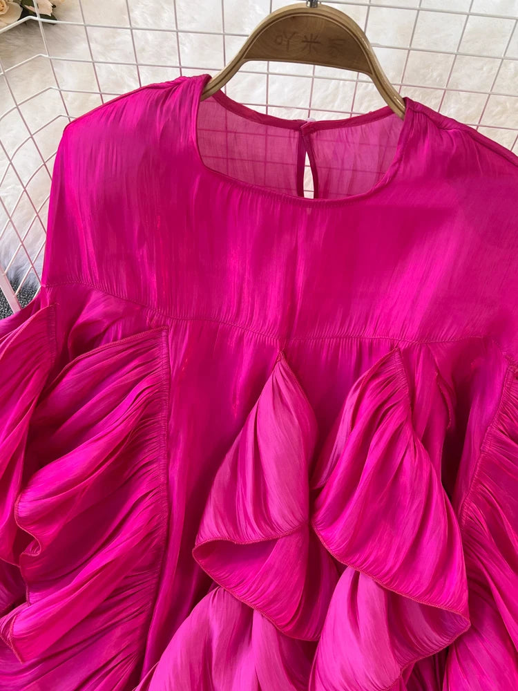 Women Spring Autumn Blouse New European American Vintage Round Neck Ruffle Loose Long Sleeved Foreign Style Irregular Top D2338