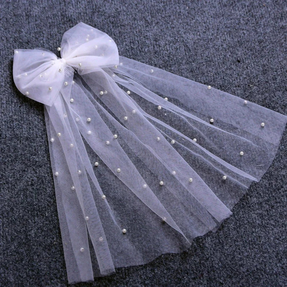 Women Long Ribbon Mesh Bow Hair Clips Elegant Pearls Hairpin White Mesh Hairpins Wedding Party Bride Hair Accessories