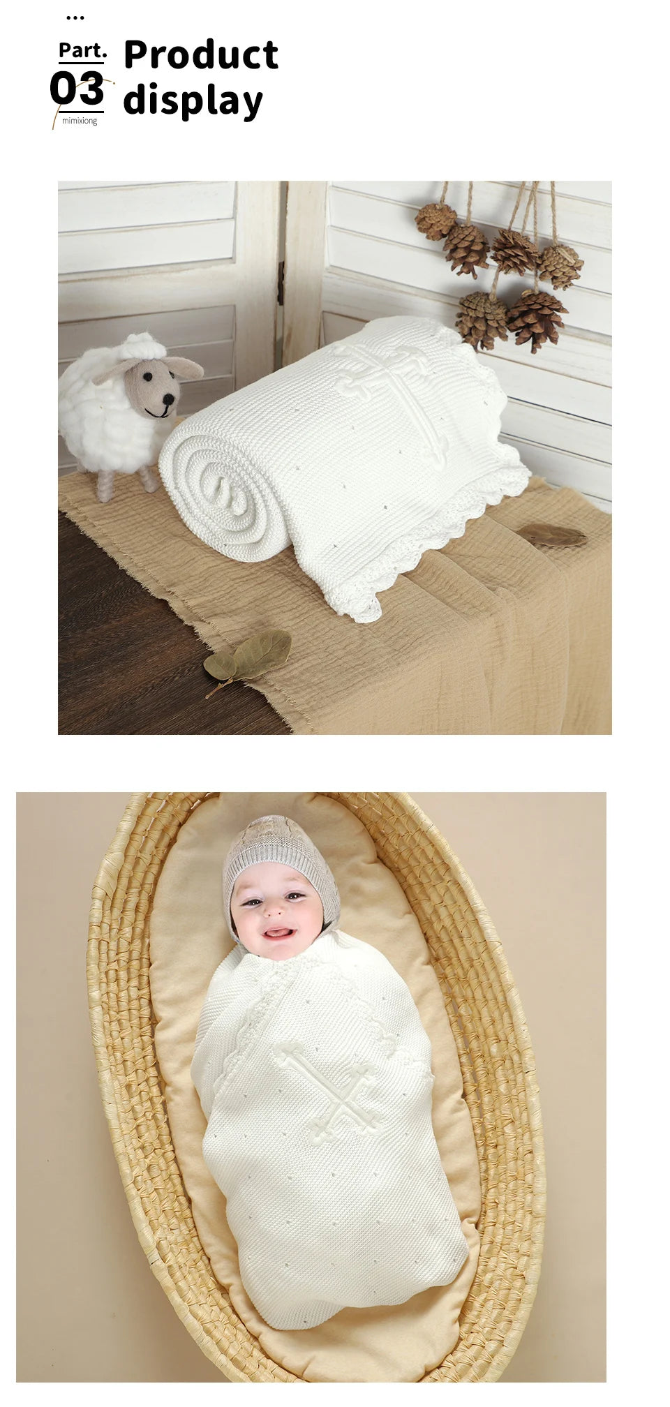 Baby Christening Blankets 100*80cm Cotton Soft Knit with Stitching Cross Newborn Boys Girls Swaddle Nursery Blanket Baptism Gift