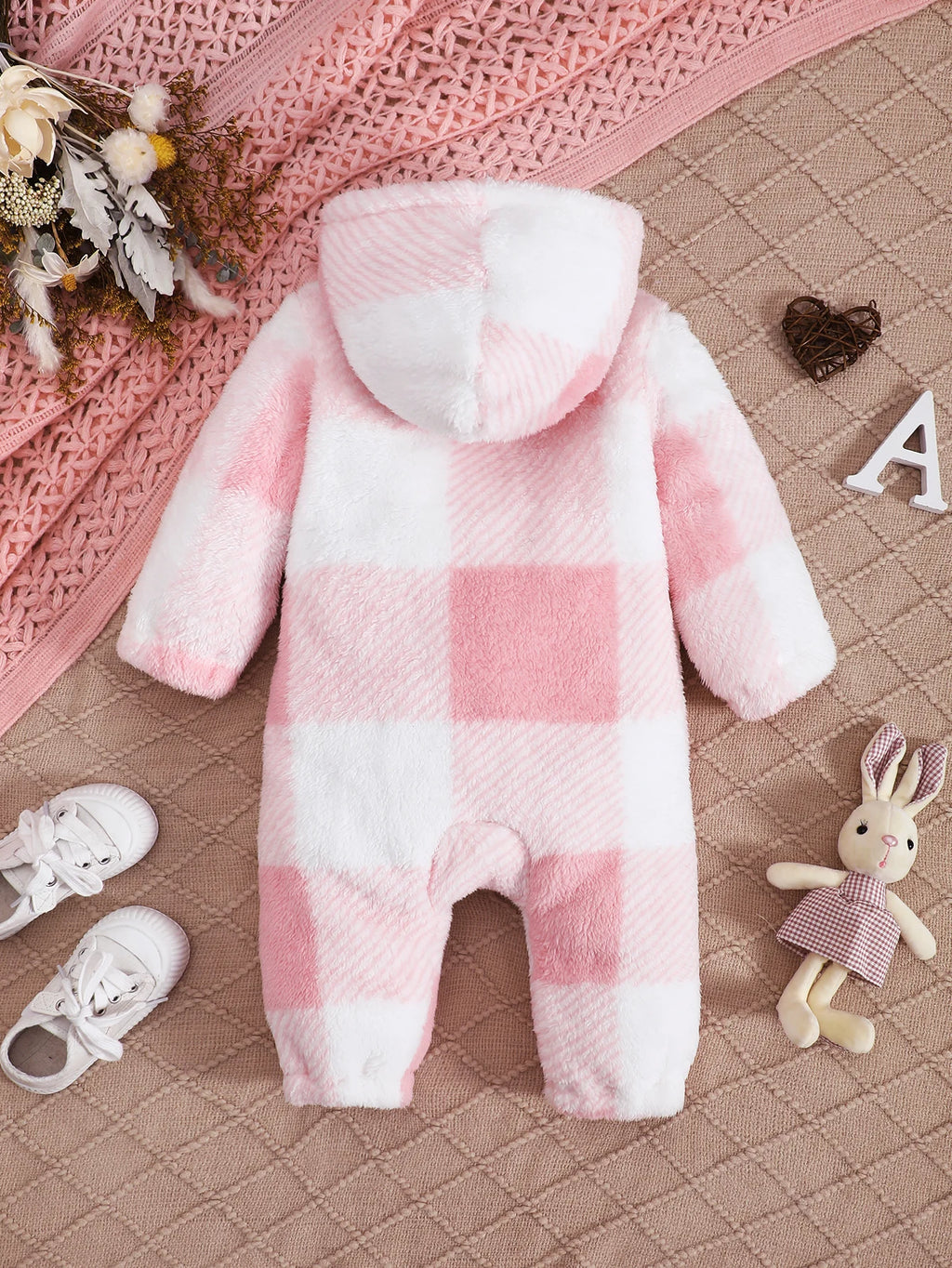 Baby Boys and Girls Plaid Romper Hooded Long Sleeved Plush Jumpsuit Winter Warm Bodysuit Clothes for 3-24 Months Toddler Boy