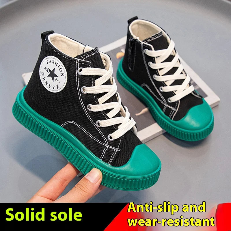 2025 New Children's High-Top Canvas Shoes Boys and Girls Ins Tide Soft Bottom Sneakers with Breathable Casual Board Shoes