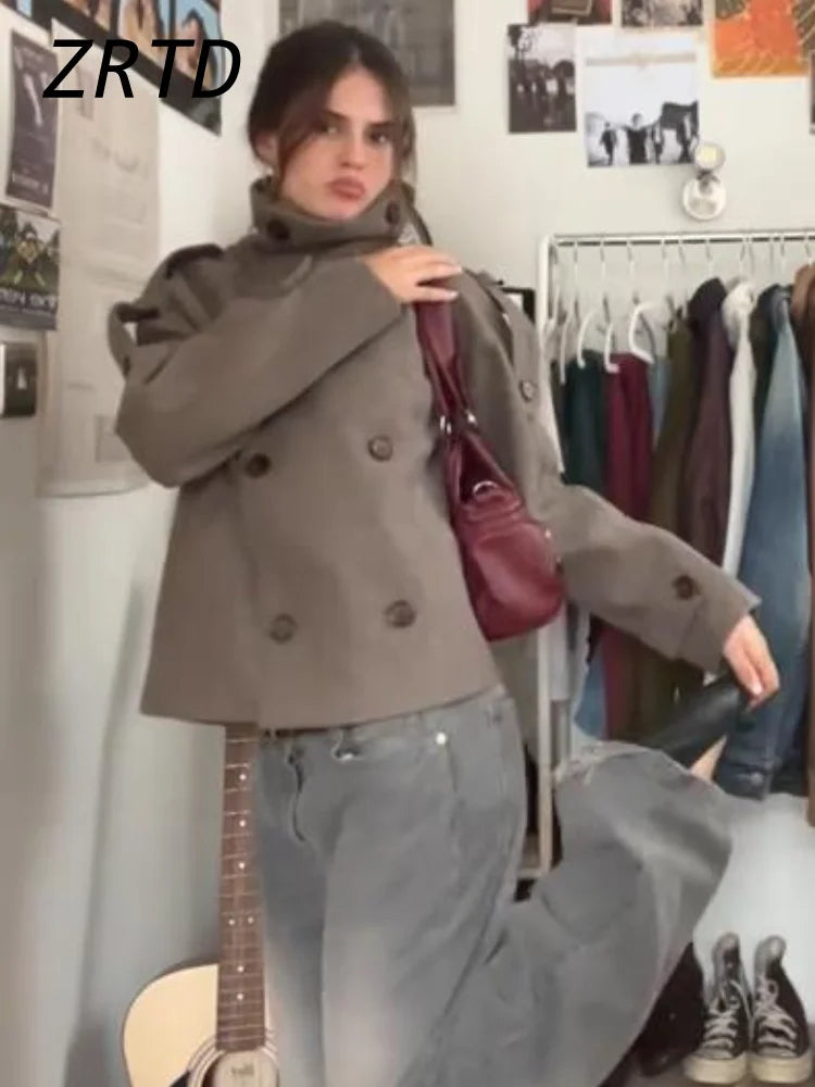 Elegant Women's Short Woolen Coats Stand Collar Double Breasted Long Sleeve Female Jacket 2025 Autumn Winter Lady Warm Outwear