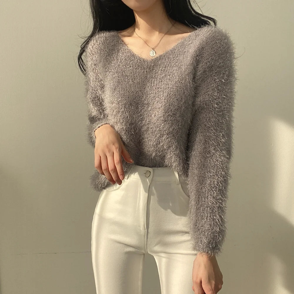 Women's Soft Cozy V-Ne Sweater Autumn Winter Faion Sweet Loose Fit Knitted Top Pink Color Trendy Ladies Sle Long Sve