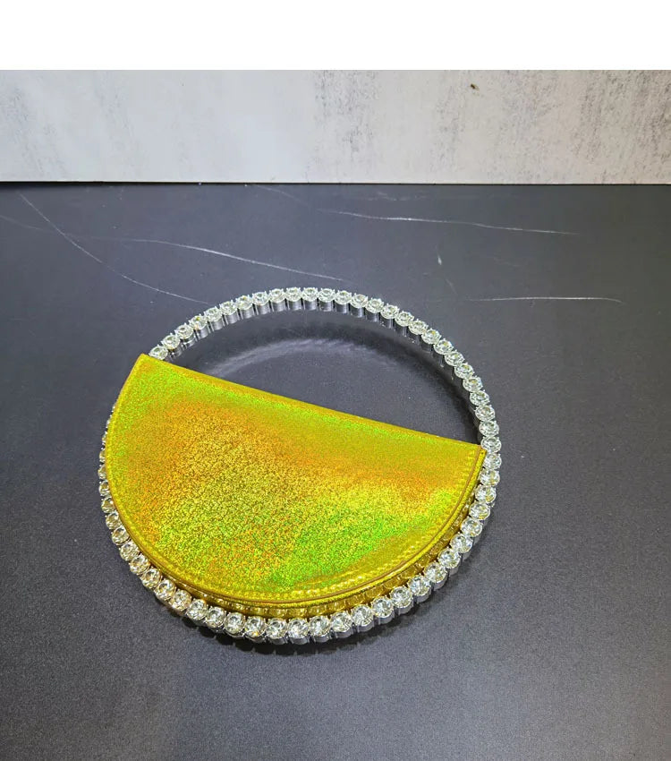 Lady Blue/Pink Diamond Circular Evening Bag Women Fushia Round Handle Rhinestone Dinner Clutch Purse Ladies Half Moon Handbags