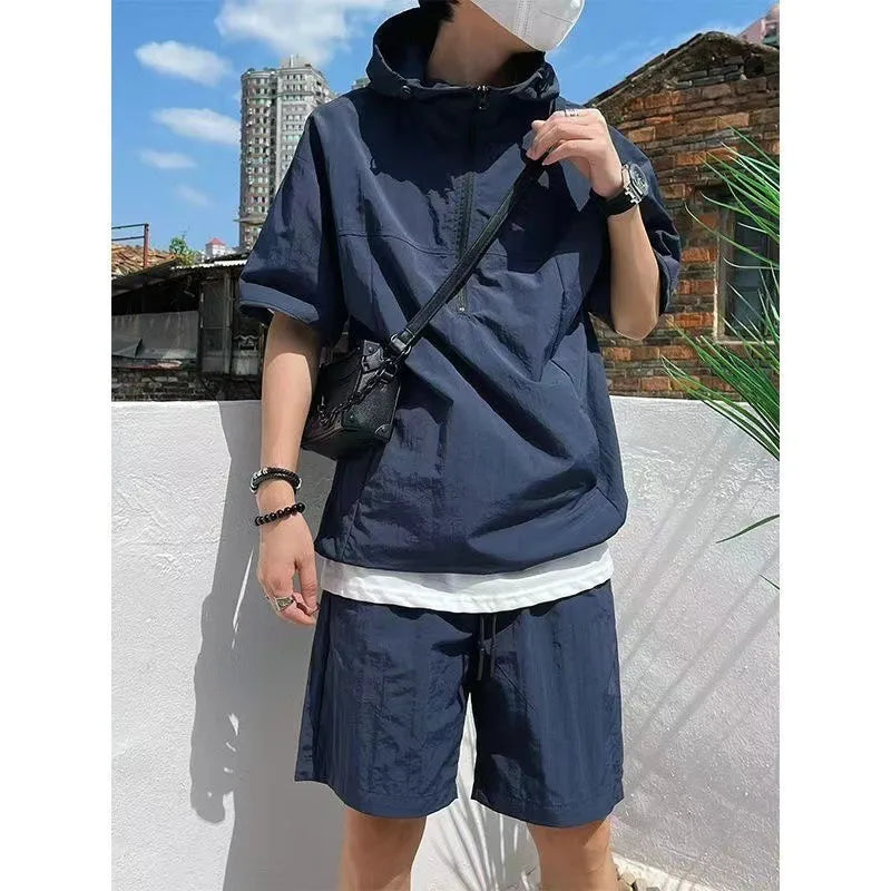 Summer Cargo Style Set Men's Casual Hooded Solid Short Sleeve T-shirt Shorts Loose Fashion High Quality Handsome Sweatshirt Suit