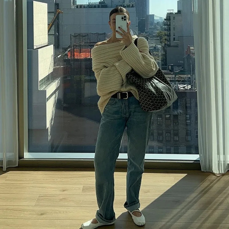 Tuularose Women's Off-Shoulder Sweater Fashion Loose Casual Brown Retro Pullover Spring High Street Office Lady Tops Knitwear