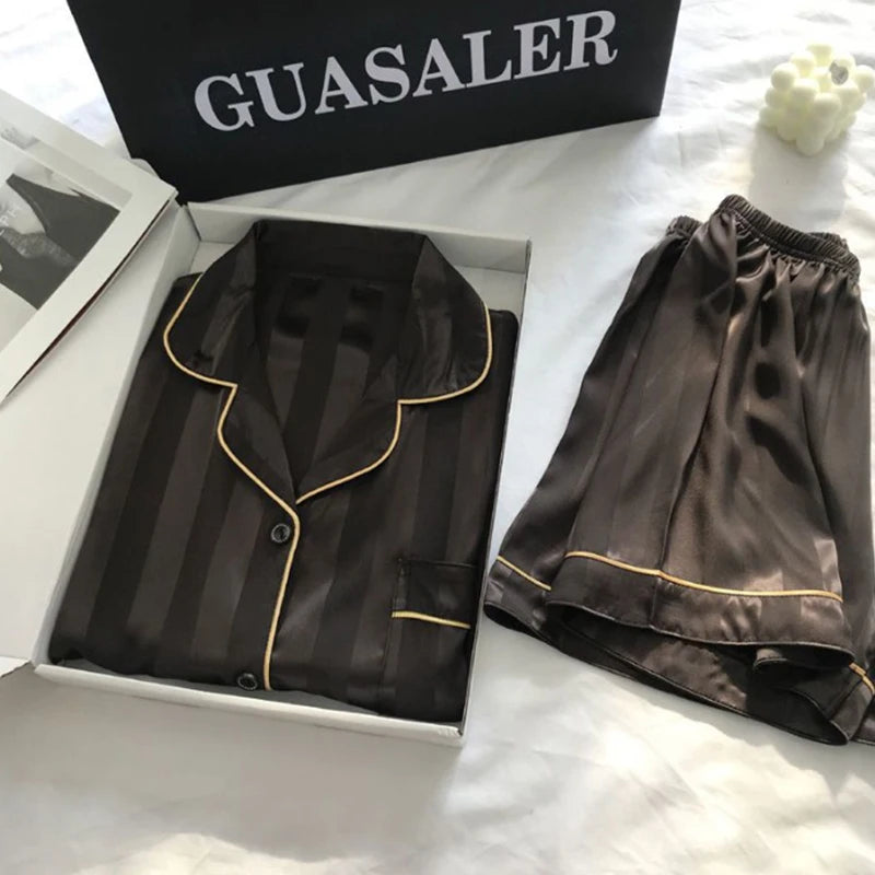 1 Set Women's Elegant Lounge Set, Plus Size Satin Striped Button Up Long Sleeve Shirt & Pants Pajamas