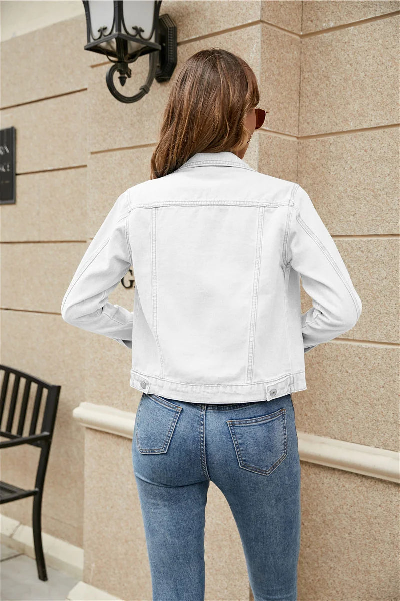 2023 Women's Short Denim Jackets Fashion Female Casual Long Sleeve Lapel Solid Button Pocket Slim Jean Jacket Fall Winter Coat
