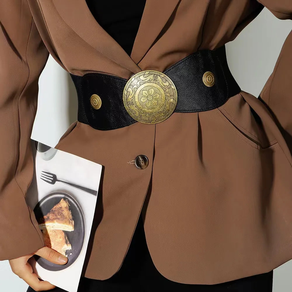 Women Wide Elastic Belt Western Buckle Vintage Strecth Waist Belt for Dress