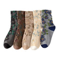 5 Pair Cute Print Socks For Women Long Autumn Winter Fashion Versatile Casual Ethnic Style Vintage Women's Socks Set 2025 New