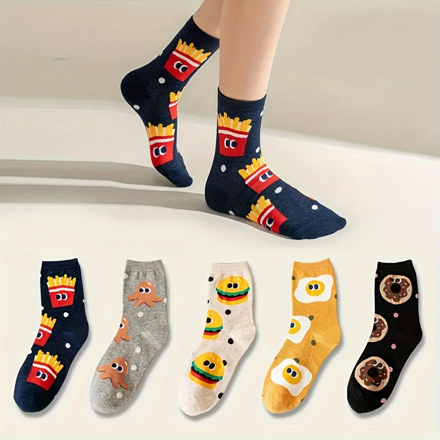 5 Pairs of Mixed Color Kidsren's Socks with Cartoon Cute Hamburger and Fries Patterns for Boys and Girls, Trendyy and Versatile Youth Mid-Calf Socks, Suitable for Casual Daily Life