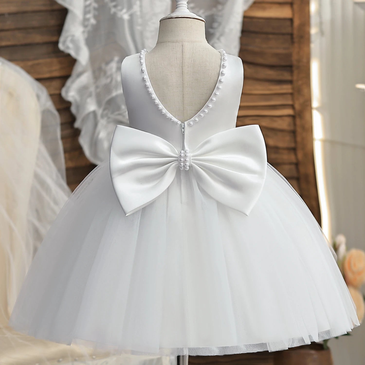 Flower Girl Dresses for Wedding Kids Backless Tulle Tutu  Princess Prom Party Clothes Baby 1st Birthday Baptism White Dress