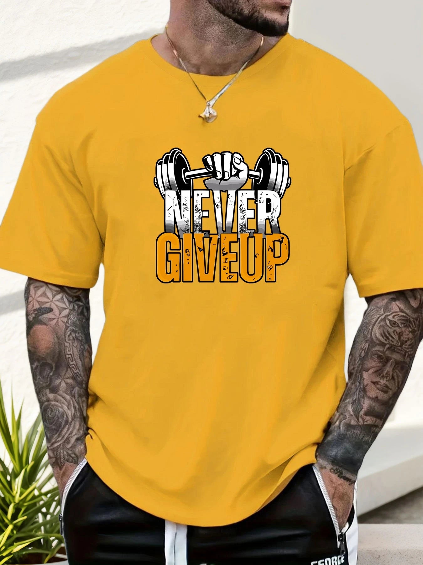 Men's Gym T-shirt Never Give Up Print Short Sleeve Soft Oversized Fitness Daily Wear