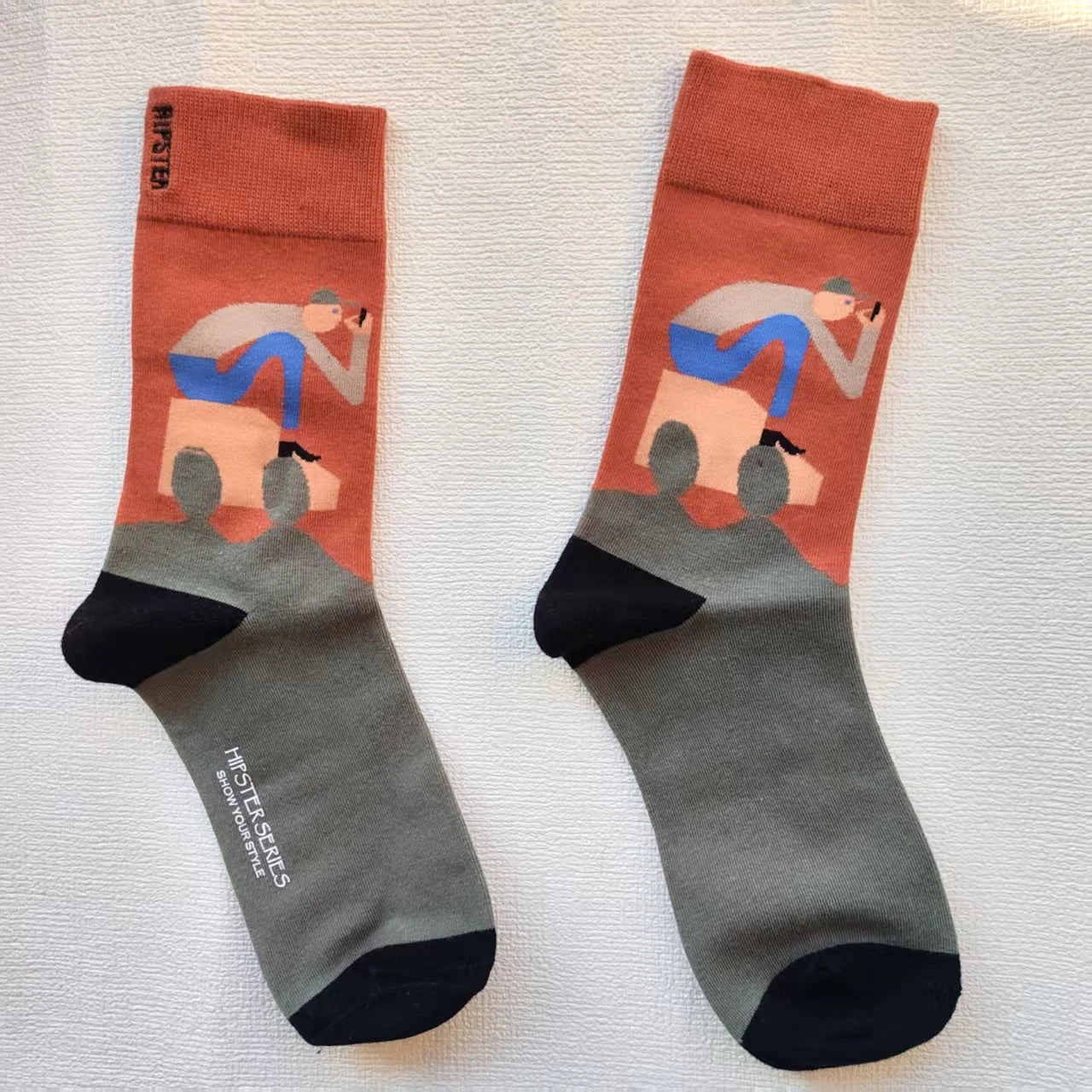 Colorful Funny Cotton Men Crew Socks Hip Hop Novelty Painting Style Skate Street Designer Harajuku Gift Happy Black Yellow Cool